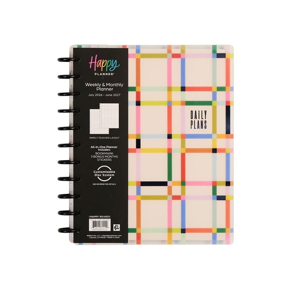 Happy Planner Monthly and Weekly Big Planner (8.5” x 11”) Mixed Brights Simply Teacher 12-Month July 2026 - June 2027, disc bound system