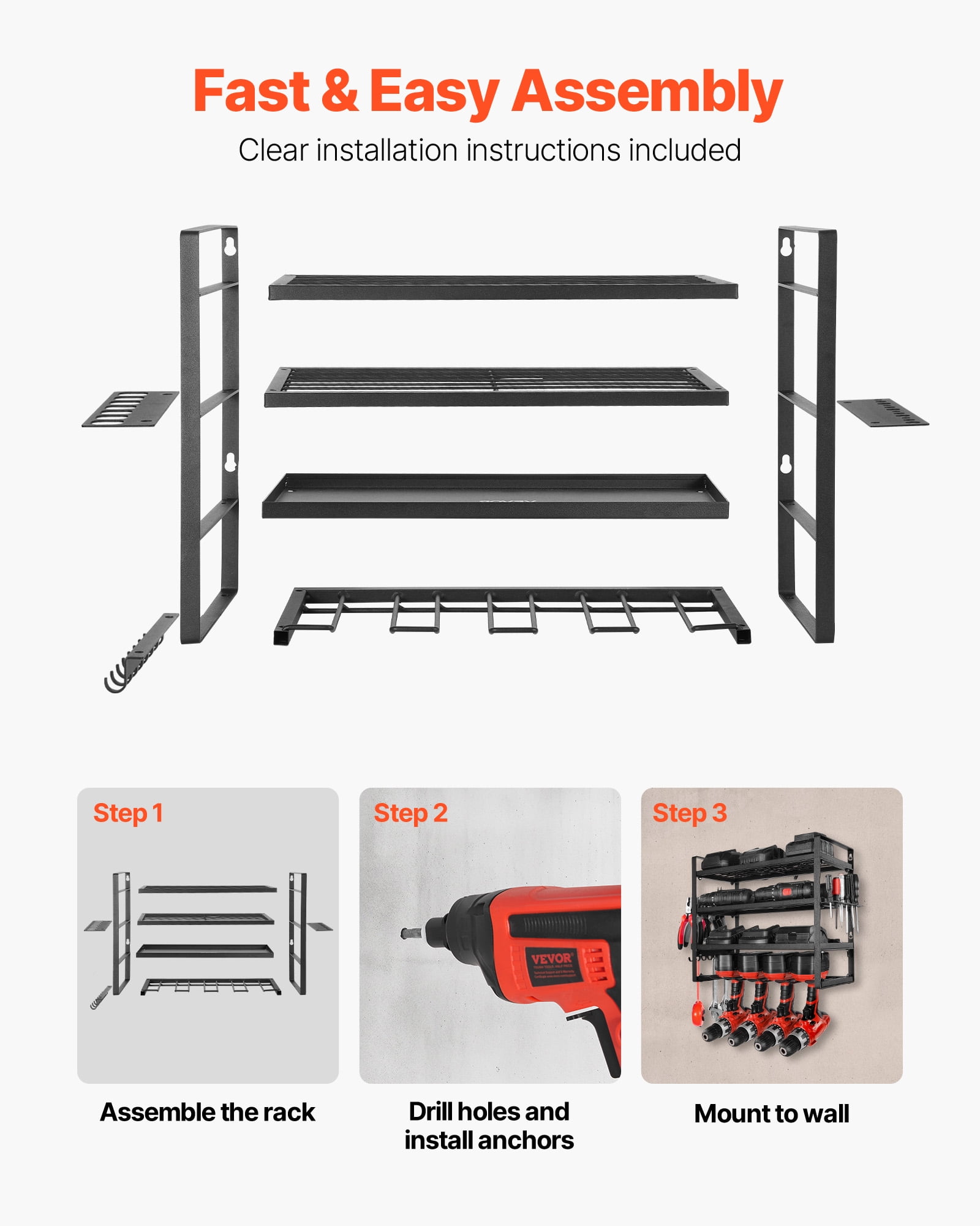 VEVOR Power Tool Organizer Wall Mount, 4-Layer Storage Rack with 4 Drill Holders, Tools Holder and Storage Rack with Screwdriver Holder, Garage Tool Organizer for Garage, Workbench, and Workshop