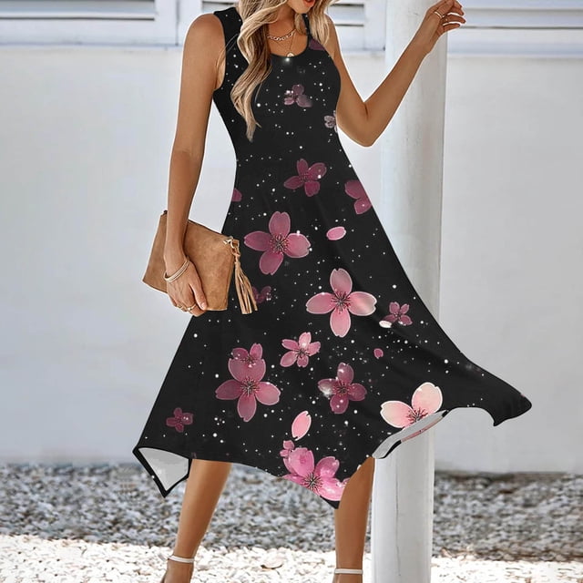 LOVZFMLL Robes Femmes Mode Été Plage Imprimé Poches Débardeur Col Rond Sans Manches Robes Débardeur