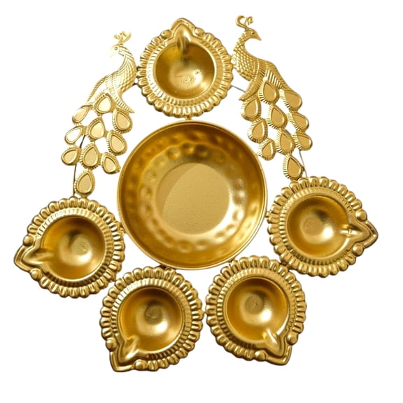 Gold-Plated Multipurpose Diya Stand Set – Tea Light Candle, Oil Lamp & Ghee Lamp Holder for Festive Decoration & Pooja (Peacock Design)