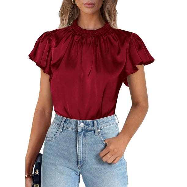 Blusa de Mujer PRETTYGARDEN Manga con Volantes Satén Vino Rojo XL