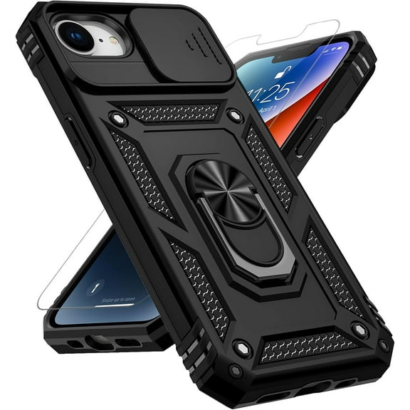KOMI for iPhone 16e Case with Camera Lens Cover HD Screen Protector, Dual Layer [15 FT Military Grade Drop Protection] Magnetic Ring Holder Kickstand Protective Phone Case for iPhone 16E 6.1 inch