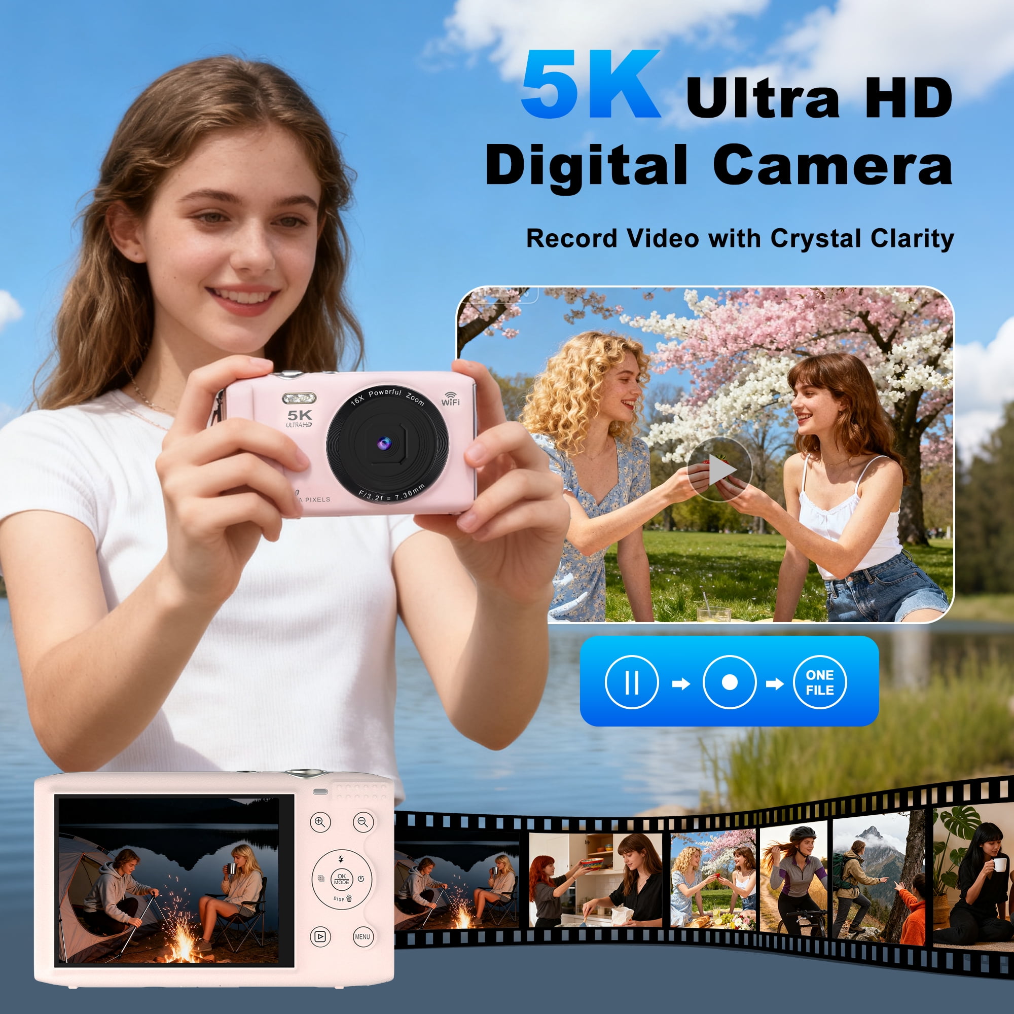 Ourlife 5K Digital Camera for Vlogging, 72MP with Autofocus 16X Digital Zoom, Travel Compact Camera with Flash, 64GB Card & 2 Batteries, Pink