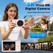 Ourlife 5K Digital Camera for Vlogging, 72MP with Autofocus 16X Digital Zoom, Travel Compact Camera with Flash, 64GB Card & 2 Batteries, Pink