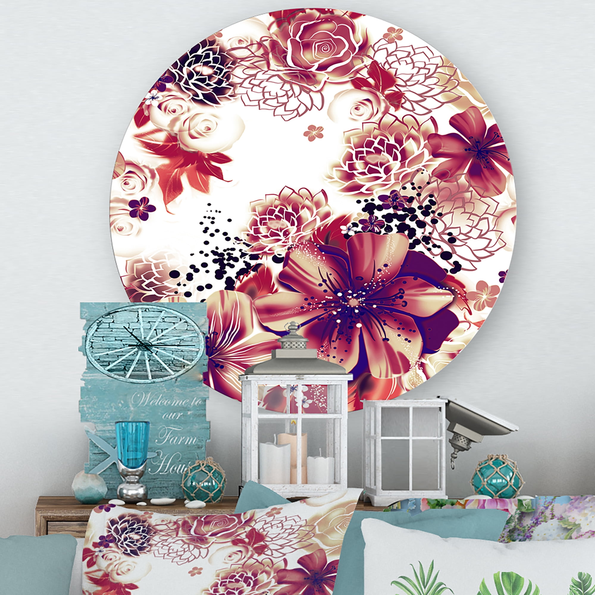 Designart 'Yellow and Pink Flowers Retro' Traditional Circle Metal Wall Art 23x23 - Disc of 23