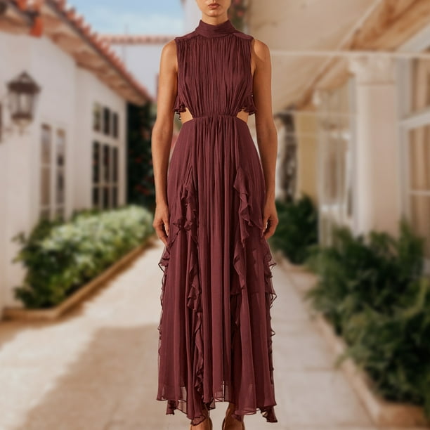 Vestidos de espalda abierta para mujer Vestidos elegantes de gasa para dama Vestido maxi sin mangas con volantes FLhrweasw Nuevo Bodega Aurrera en linea