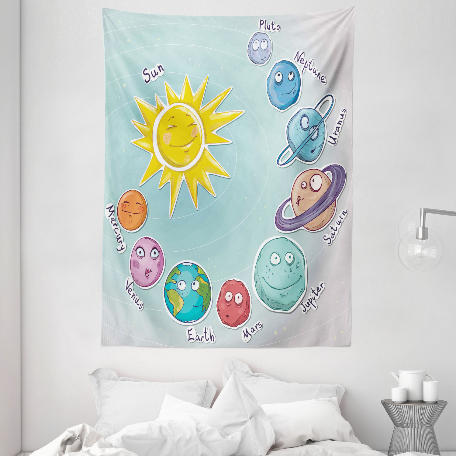 Space Tapestry, Cute Cartoon Sun and Planets of Solar System Fun ...