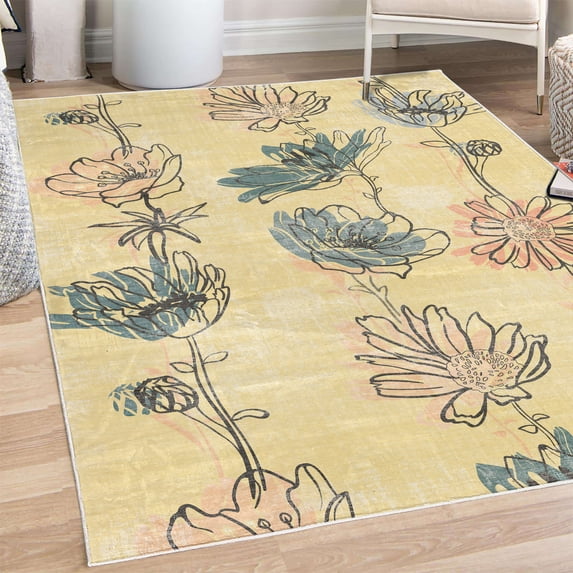 Spring Decorative Rug, Season of New Hopes Petals Blossoms Summer Floral Style of Illustration, Quality Carpet for Bedroom Dorm and Living Room, 6 Sizes, Pale Yellow, by Ambesonne
