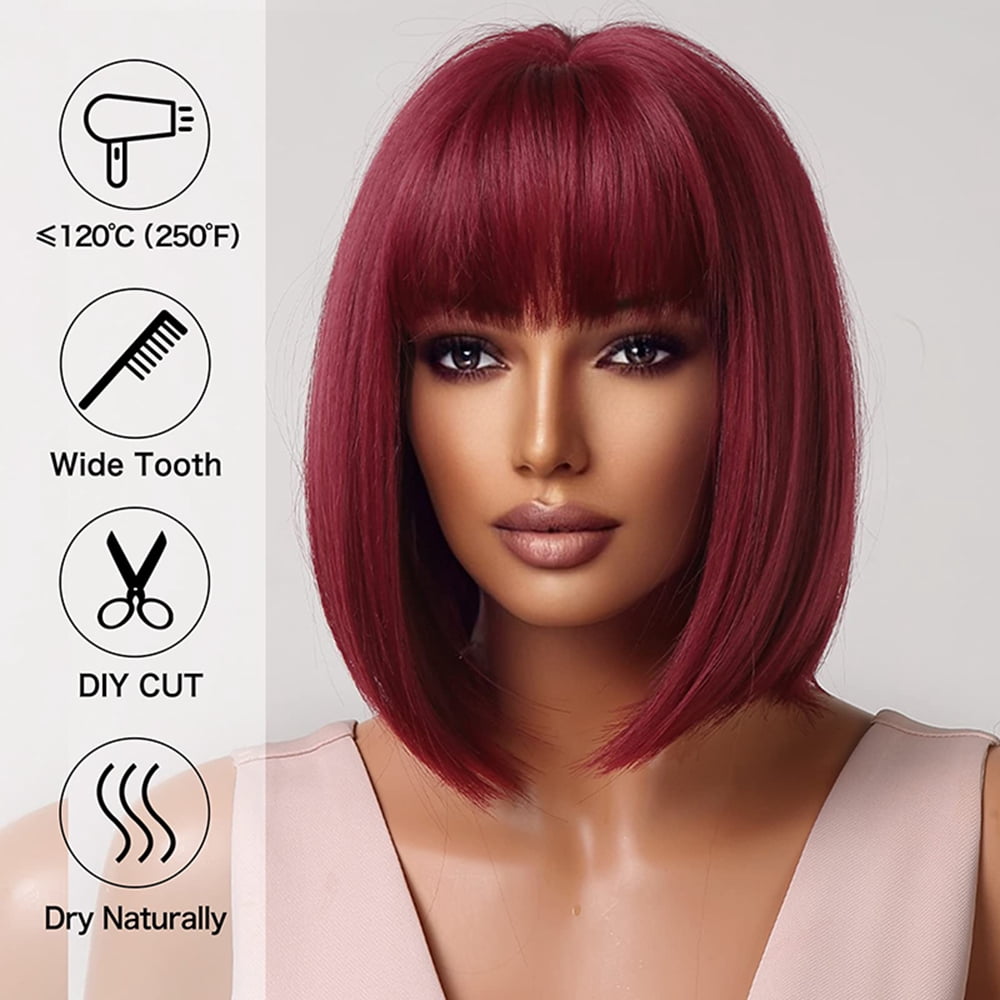 Burgundy Short Bob Wigs For Women Wine Red Wigs with Bangs Synthetic Hair Cosplay Wig