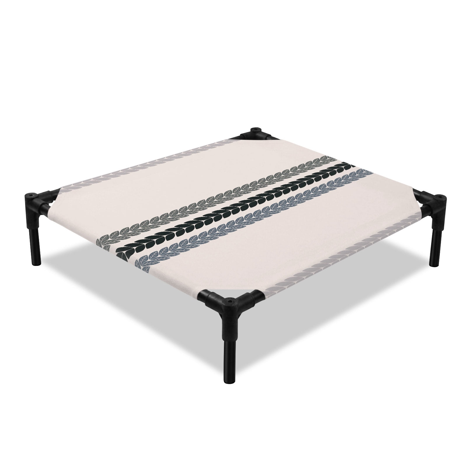 Minimalist Leaf Elevated Dog Bed Rustic Blue Plant Leaves Stripes Retro Beige Cooling Breathable Outdoor Raised Dog Cot Bed with Metal Frame Non-Slip Feet for Small Dog 20x20in