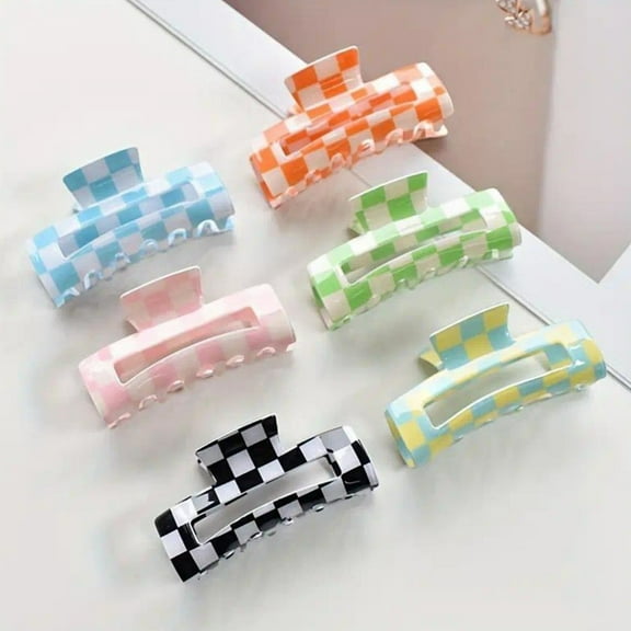 WeiDongzhuo 6 Pack Checkered Hair Claw Clips 3.1 Inch Multicolored Square Non-Slip Strong Hold for Women Girls All Hair Types