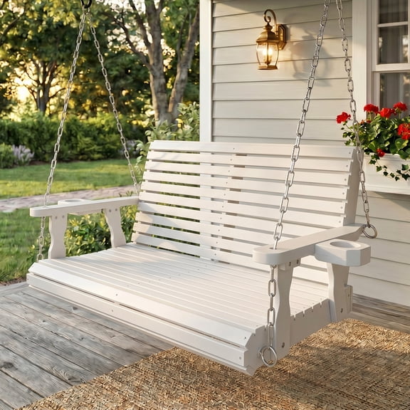 Fortune Candy Wooden Porch Swing 2-Seater with Cup Holders and Chains, Heavy Duty 880 lbs, White