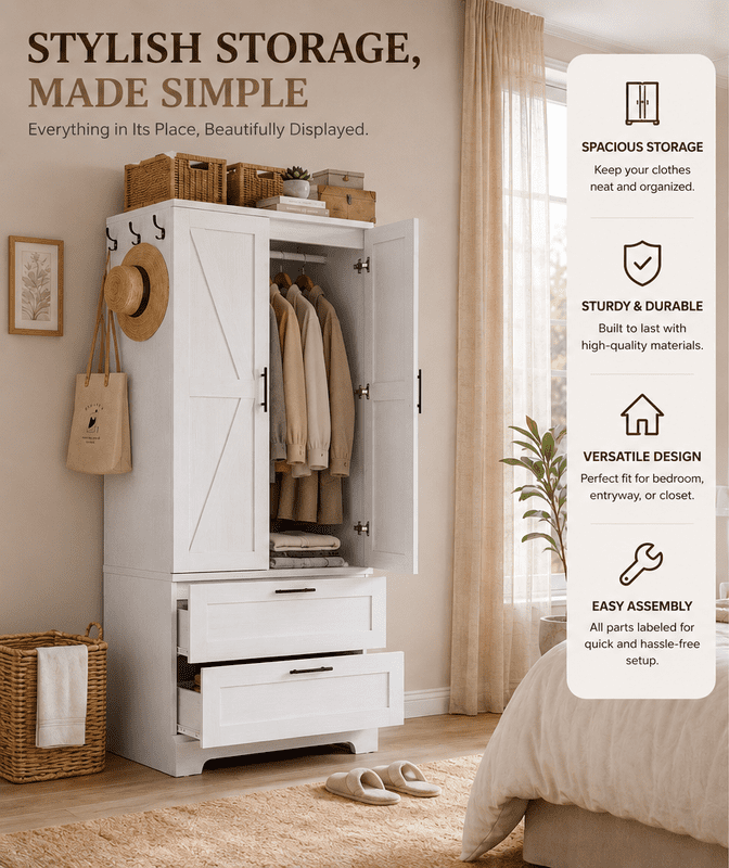 Lacoo White Wardrobe Armoire, 70.8 in, 2 Drawers, Motion-Sensor Light