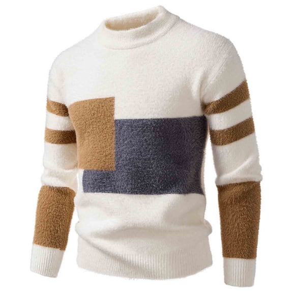Qulqfy Long Sleeve Men Sweater Fall Winter Beige Knit Casual Mock Neck Pullover Soft Sweaters Mens Shirt L