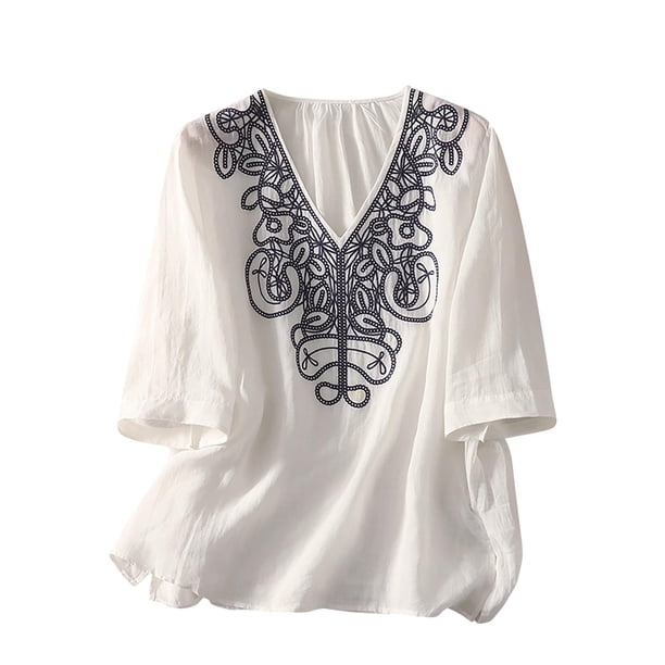 3/4 Manga Casual Tops para las Mujeres en V-Cuello Bordado Blusa Suelta Verano Suave, Mujeres 3/4 Manga Tops