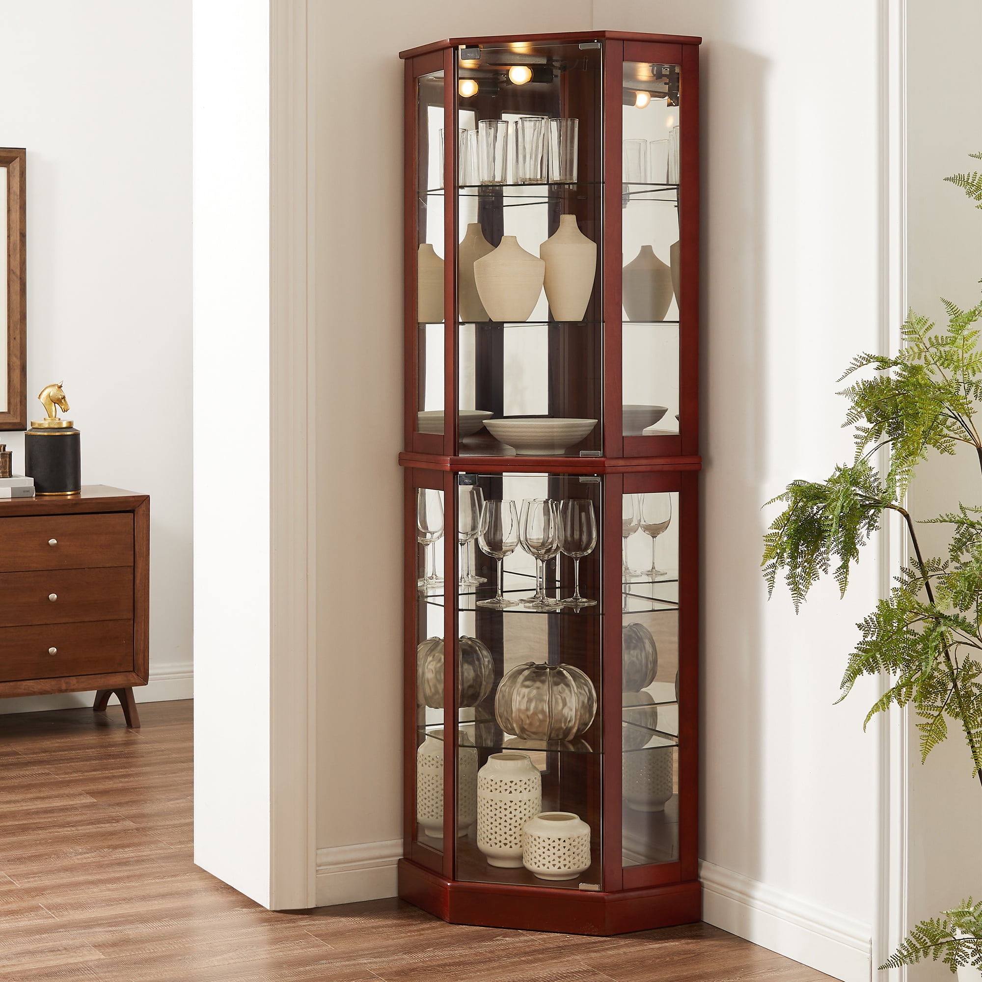 Miniyam 6 Shelf Corner Curio Display Cabinet with Lights, Glass Doors, Cherry