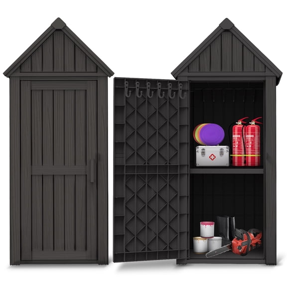 Joxxoaa Outdoor Storage Shed, Water Resistant Resin Vertical Outdoor Storage Cabinet for Patio, Garden Tools, Cushions, & Equipment, Weatherproof Multi-Wall Design.(Black)/(Brown）