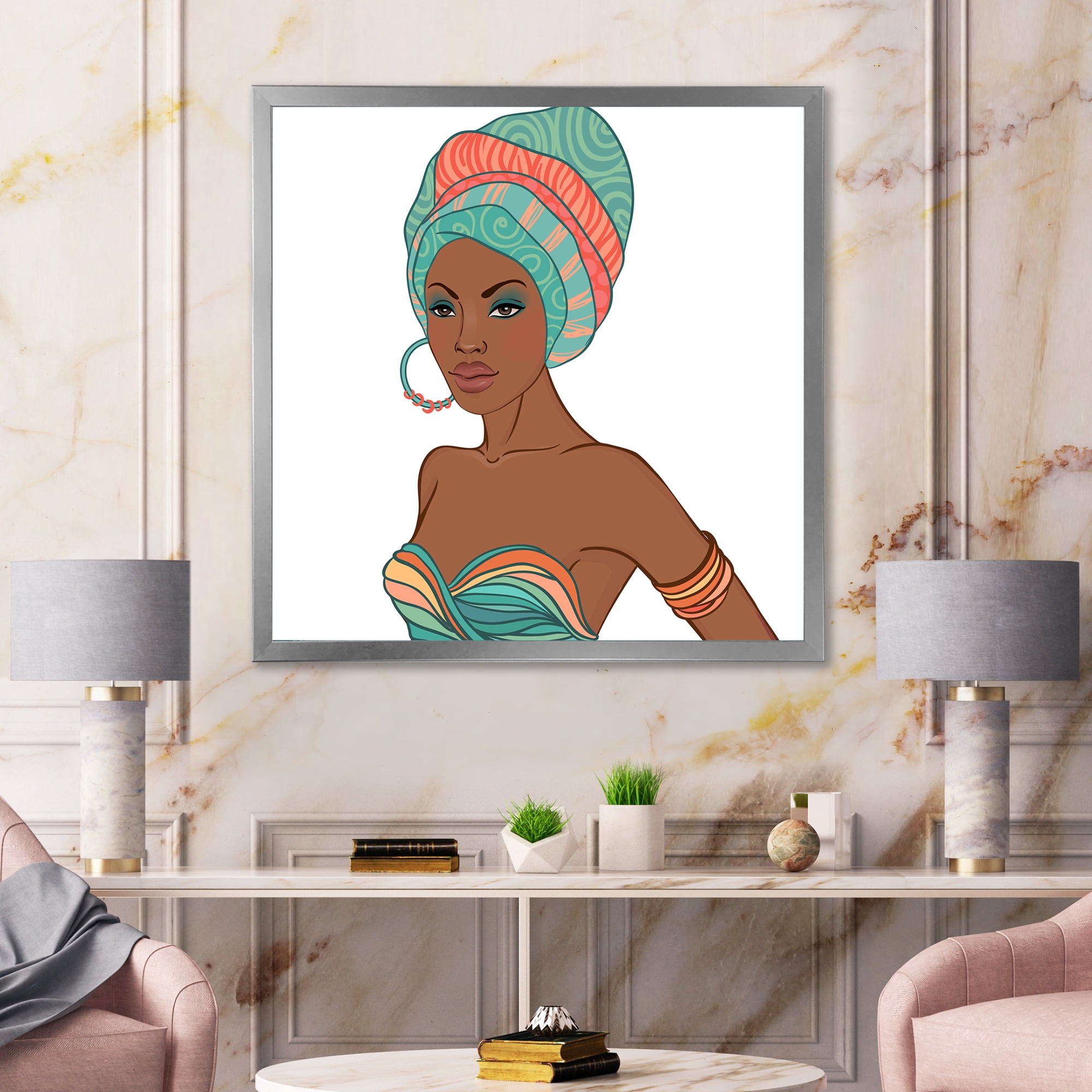 African American Woman With Turban and Earring 36 in x 36 in Framed Painting Canvas Art Print, by Designart