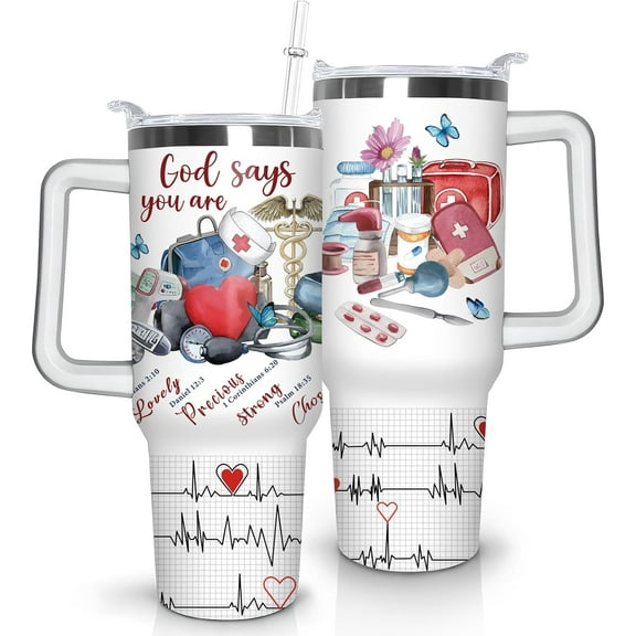 30oz Nurse Tumbler with Handle - Insulated Stainless Steel Travel Mug with Lid & Straw | Christian RN Gift for Women Nurses