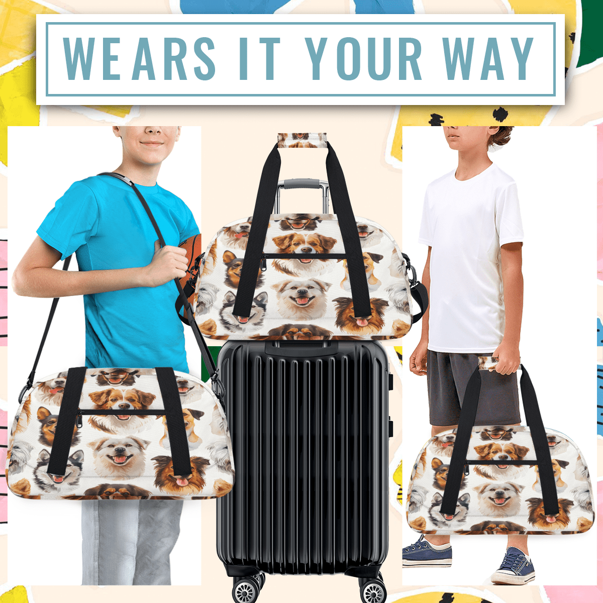 Herdesigns Cute Dogs Sports Duffle Bag for Women & Men, Puppy Pets Gym Bag Dance Bag Overnight Bag Carry On Weekender Travel Bag