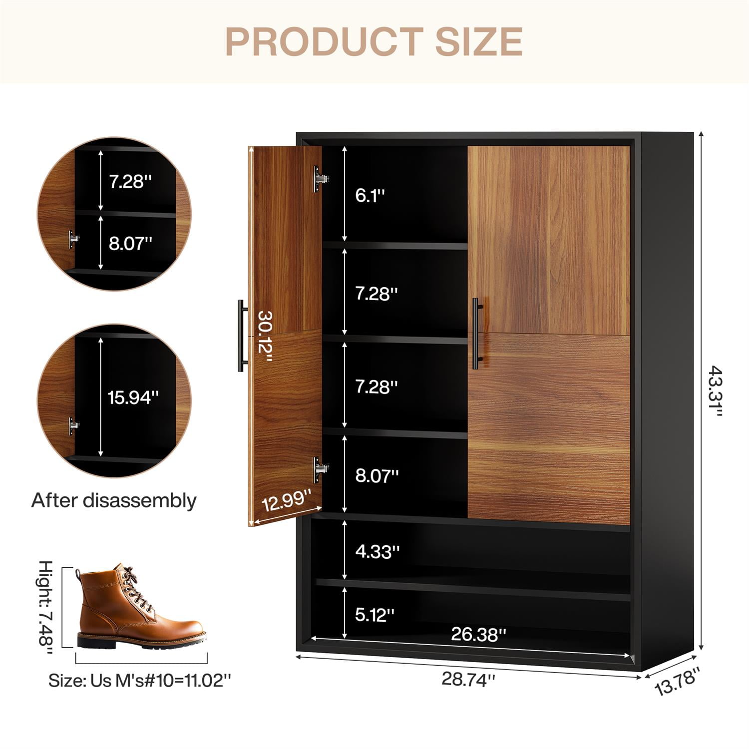 Demi Bonn 43" Modern Wooden Shoe Cabinet, 2-Door Entryway Storage, Open Shelf Organizer, Space-Saving Entryway Solution, Brown