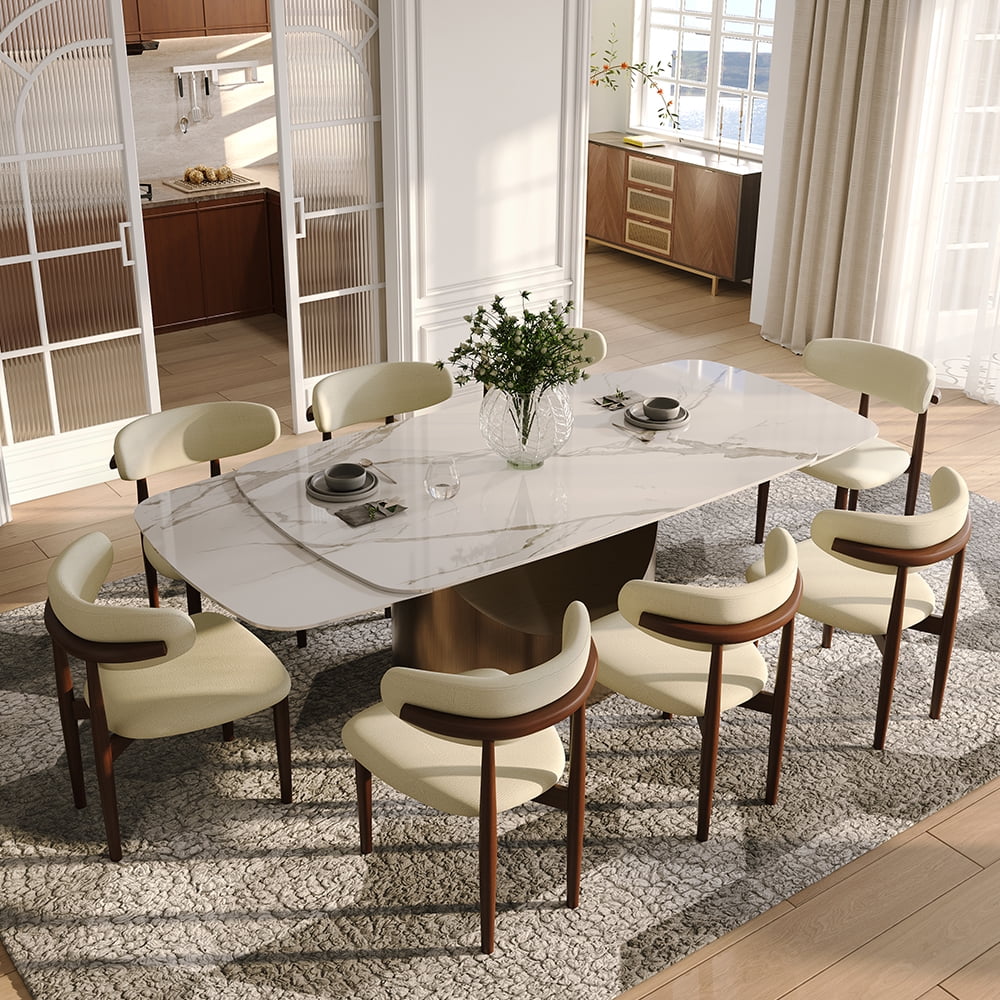POVISON 71"-95"Extendable Hobart Modern Dining Table for 6-10, White Rectangular Glossy Sintered Stone Tabletop for Dining Room, Bronze Carbon Steel Leg