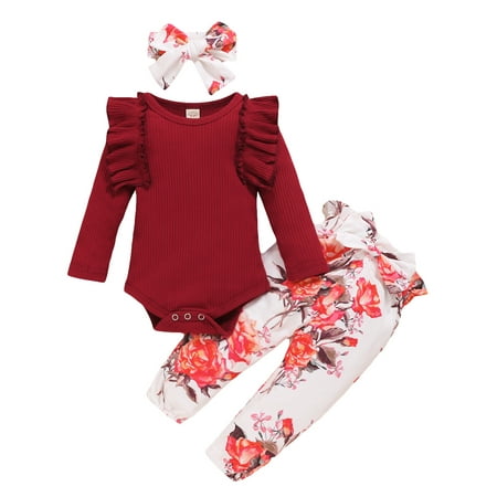 

Mioliknya 3 Pcs Baby Suit Solid Lace Long Sleeve Top Flower Print Bow Long Pants and Hairband 0-18 Months Girls
