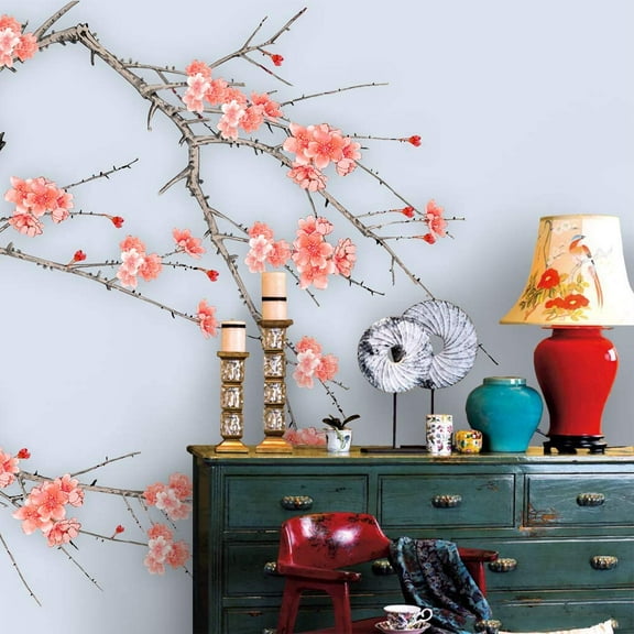 Idea4wall 4pcs Chinese Style Floral Peel and Stick Wallpaper Removable Wall Murals Large Wall Stickers for Home Decoration, 66"x24"