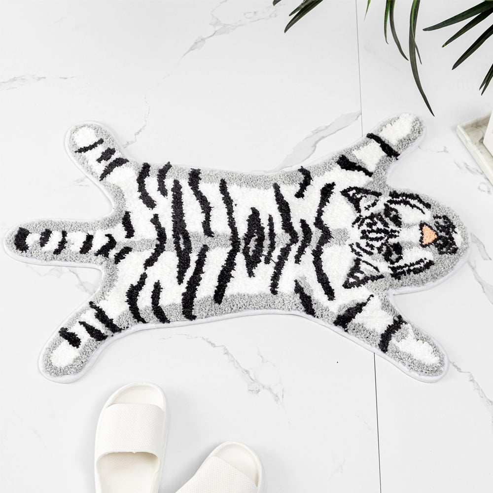 yingda1992 Tiger Bath Mat for Bathroom Cute White Tiger Cartoon Non Slip Animal Shaped Absorbent Bathtub Bathroom Plush Shower Rugs 25.6x38.6in