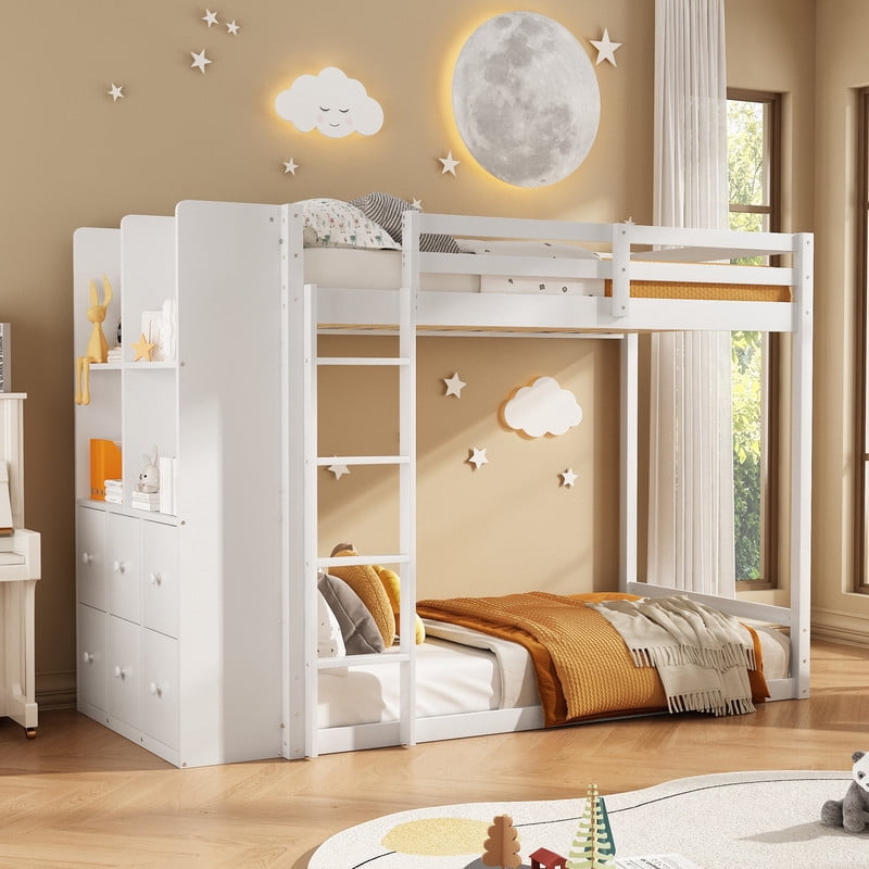 Twin-Over-Twin Size Teens Storage Bunk Bed with Drawers & Shelves, Kids Bed Frame with Built-In Ladder & LED Light Strip