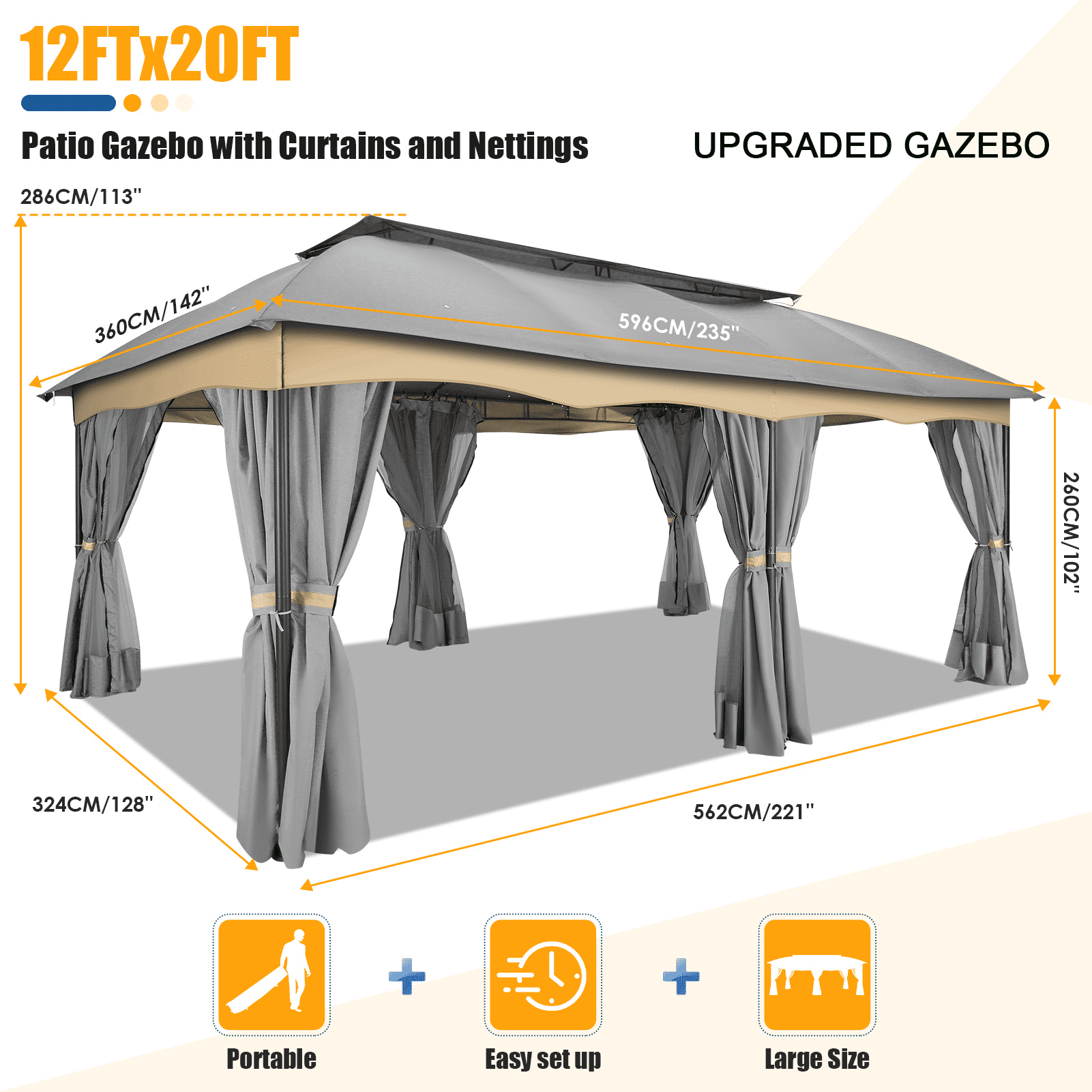 COBIZI 12X20 Heavy Duty Gazebo Outdoor Gazebo with Mosquito Netting and Curtains, Canopy Tent Deck Gazebo with Double-Arc Roof Ventiation and Metal Steel Frame Suitable for Lawn, Backyard, Patio,Gray