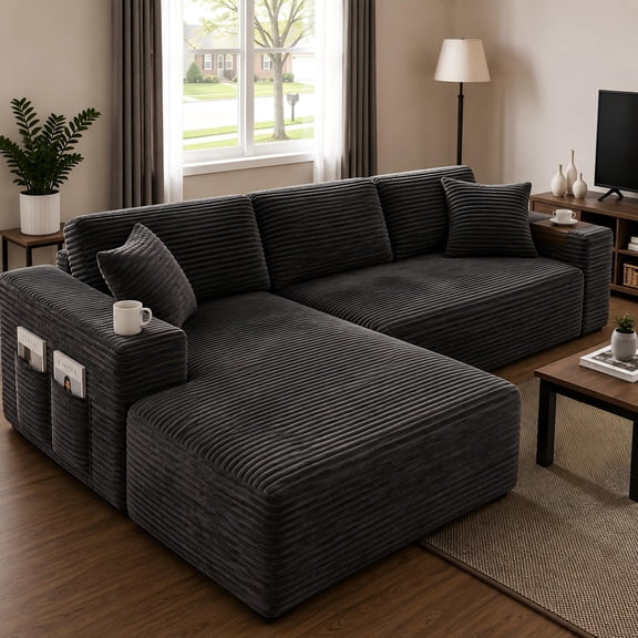 Amsleekey 108" Oversized Modular Sectional Sofa, L-Shape Corduroy Cloud Couch, Modern Sleeper Couches for Living Room with 4 Storage Pockets & Tray, No Assembly Required, Grey (Left Facing Chaise)