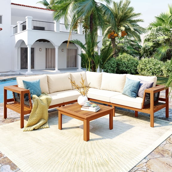 4 Pieces Patio Furniture Set, All-Weather Acacia Wood Outdoor Sofa Set with Cushion for Garden, Backyard, Beige