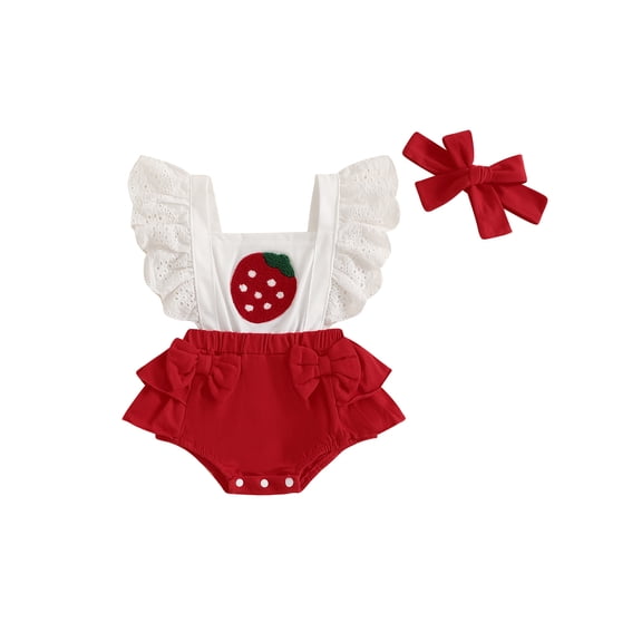 FeMereina Baby Girl Summer Outfits Fly Sleeve Strawberry Romper with Headband