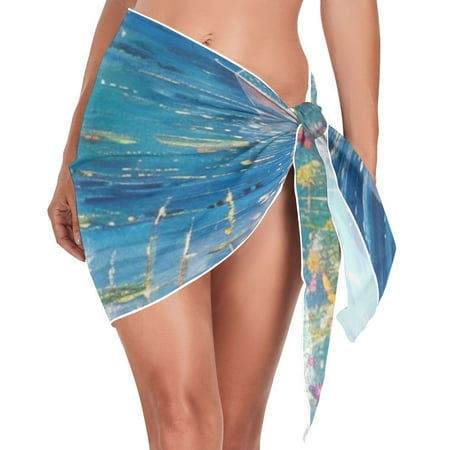 Sailboat Sea Grass Women Coverups Beach Cover Up Chiffon Swimsuit Bikini Wrap Short Skirt Beach Slit Tie Waist