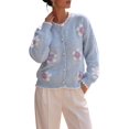 thumbnail image 3 of Women 3D Floral Applique Pearl Button Scalloped Trim Crew Neck Knit Cardigan Light Blue S, 3 of 9