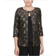 Alex Evenings Women's Sequinned Flyaway 3/4-Sleeve Top - Black Gold L