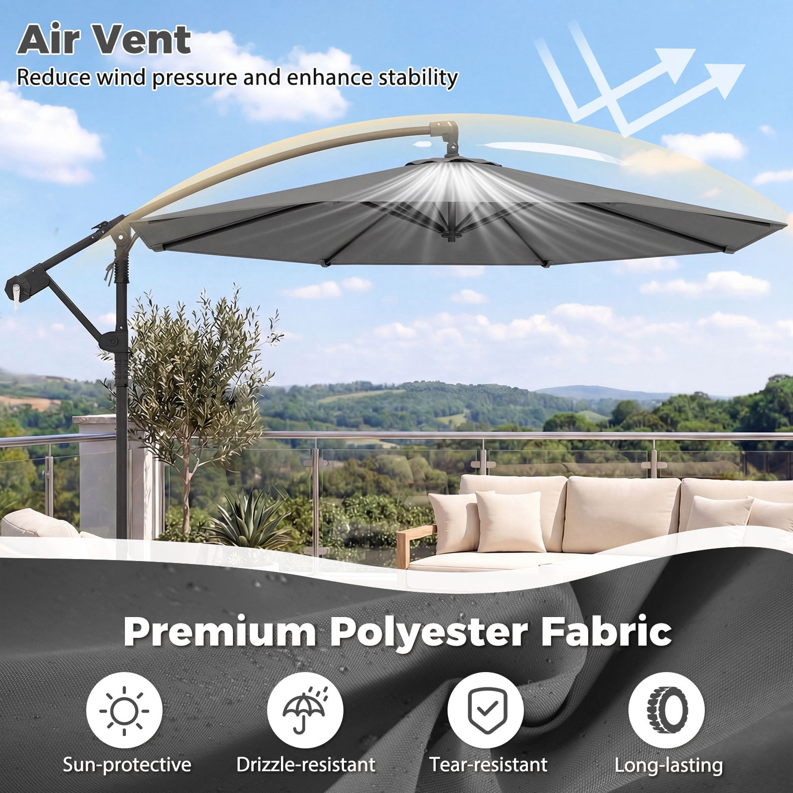 Costway 10 FT Offset Hanging Umbrella with Base Patio Cantilever Umbrella 360° Rotation Gray