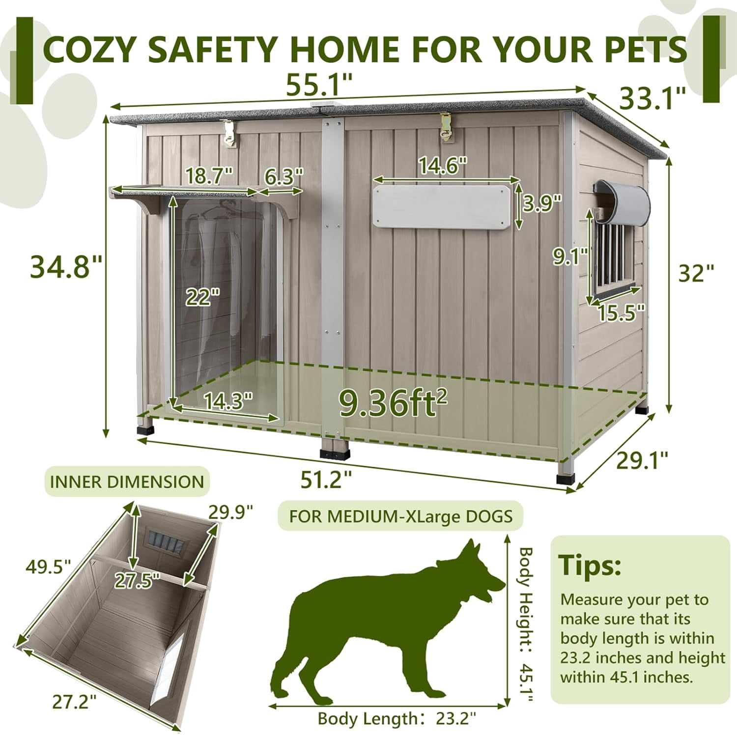 PETSCOSSET Large Dog House, Outdoor Wooden Dog Kennel with Removable Floor, Openable Roof  for Medium to Large Dogs, Gray