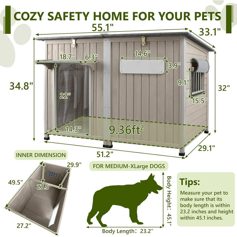 PETSCOSSET Large Dog House, Outdoor Wooden Dog Kennel with