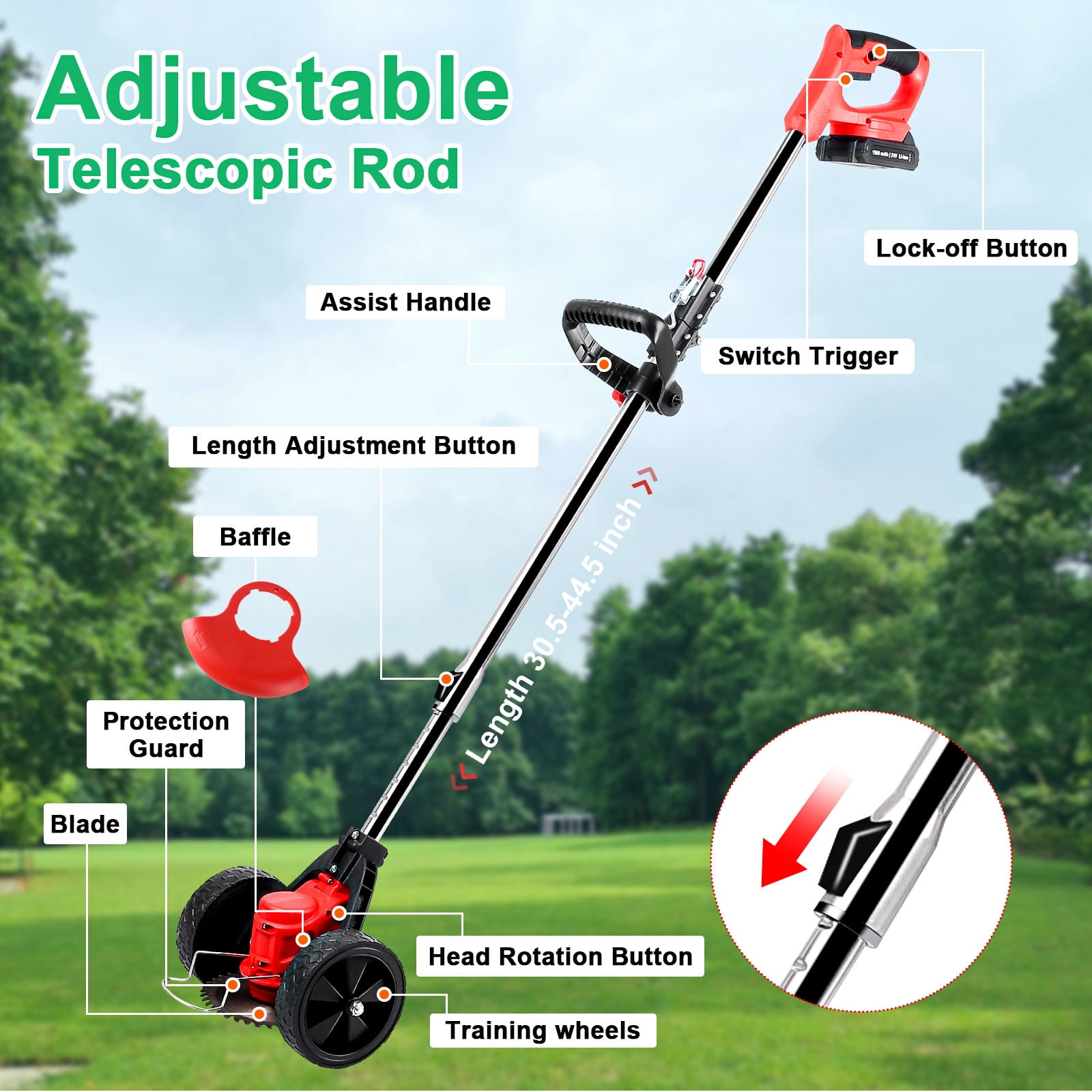 FOUKUS Cordless Weed Wacker Battery Powered - 800W Electric Grass Trimmer Edger Mower with Wheels - Lightweight Brush Cutter Tool for Lawn Care, Women & Elderly