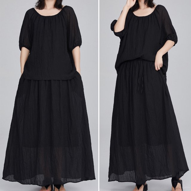 BEFOKA Robe pour Femme Grande Taille, Liquidation de Robes d'Été pour Femmes, Jupe de Complet Ample et Décontractée d'Été pour Femme à Couleur Unie, Manches Mi-Longues, Col Rond