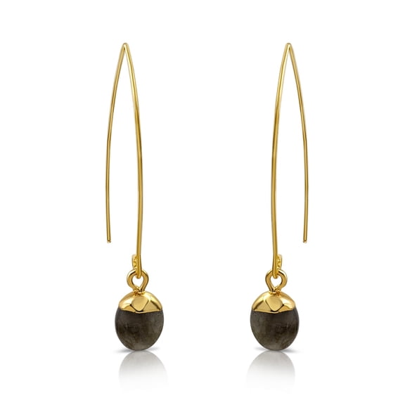 Besheek Goldtone Long Fish Hook Labrodite Oval Dangle Earrings