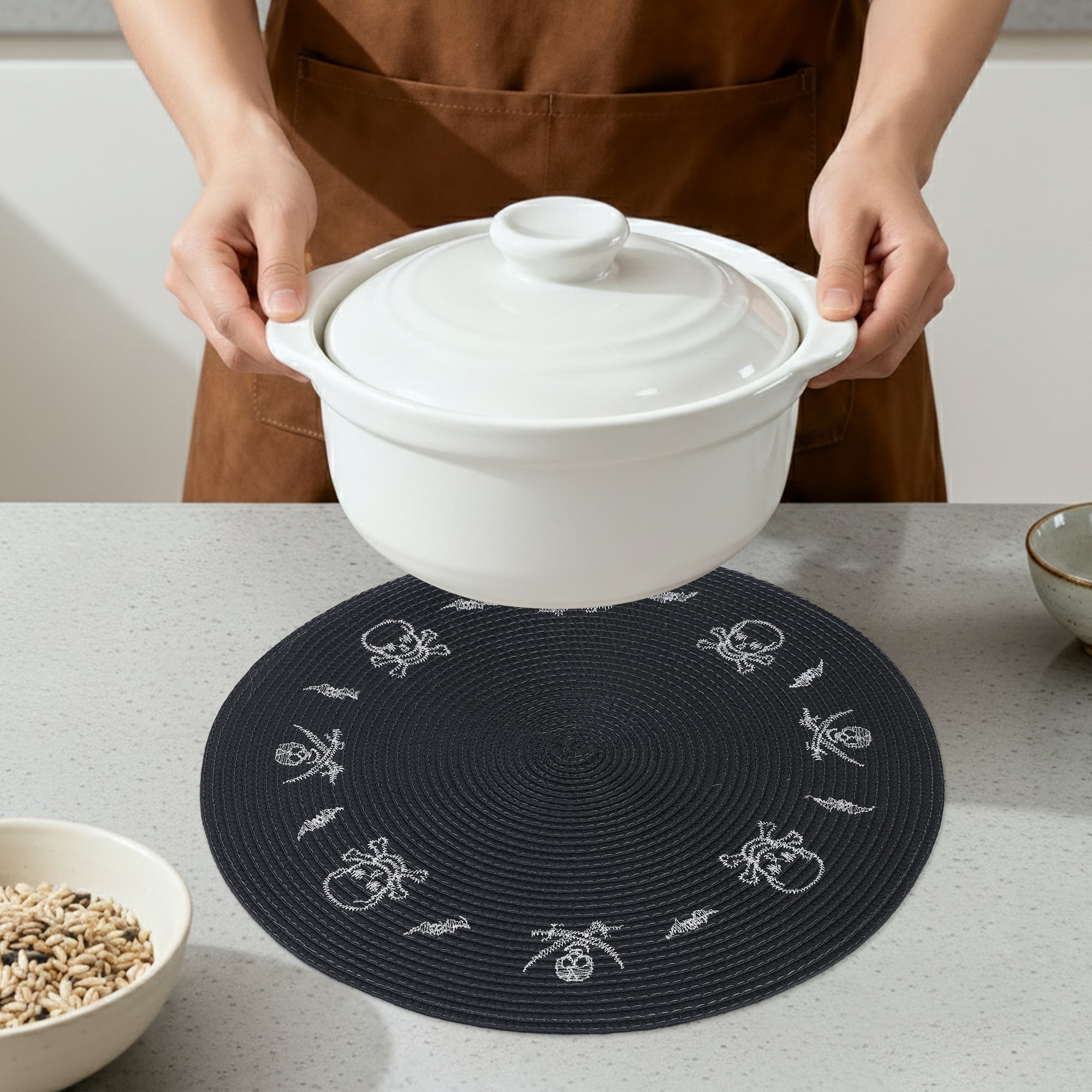 Unique Bargains Farmhouse Solid Placemats Set of 6 Woven for Dining Table Decor Black