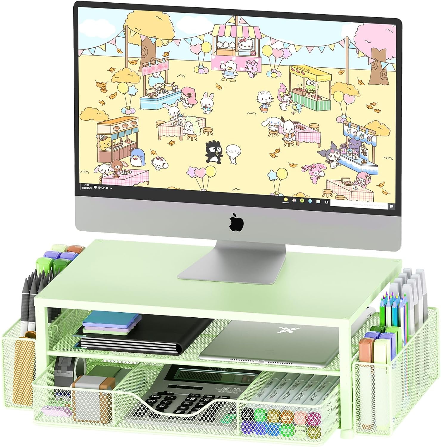 Desk Organizers and Accessories, 2-Tier Computer Monitor Stand Riser with Drawer and 2 Pen Holders, Office Desk Accessories for Office Supplies