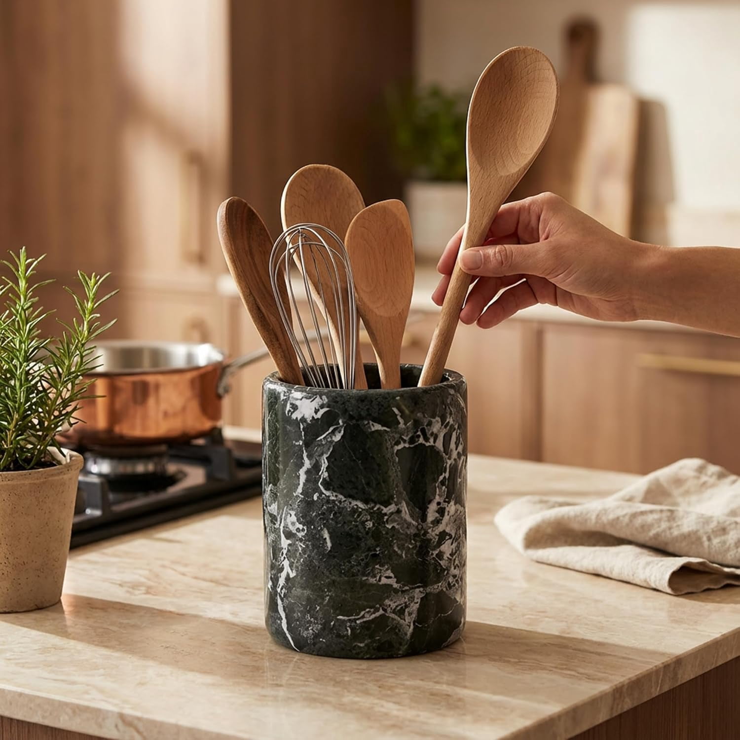 Radicaln Black Marble Utensil Holder 6.5 inches – Kitchen Counter Organizer for Cooking Spoons and Tools, Stylish Utensils Holder, Marble Kitchen Decor