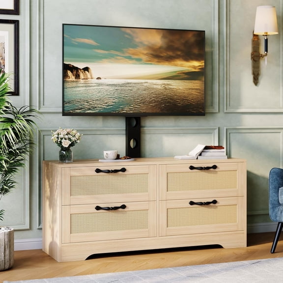 Rattan TV Stand with Mount for TVs up to 70 Inch, Natural 4 Drawer Dresser Entertainment Center, Farmhouse Wooden Media Console for Living Room and Bedroom