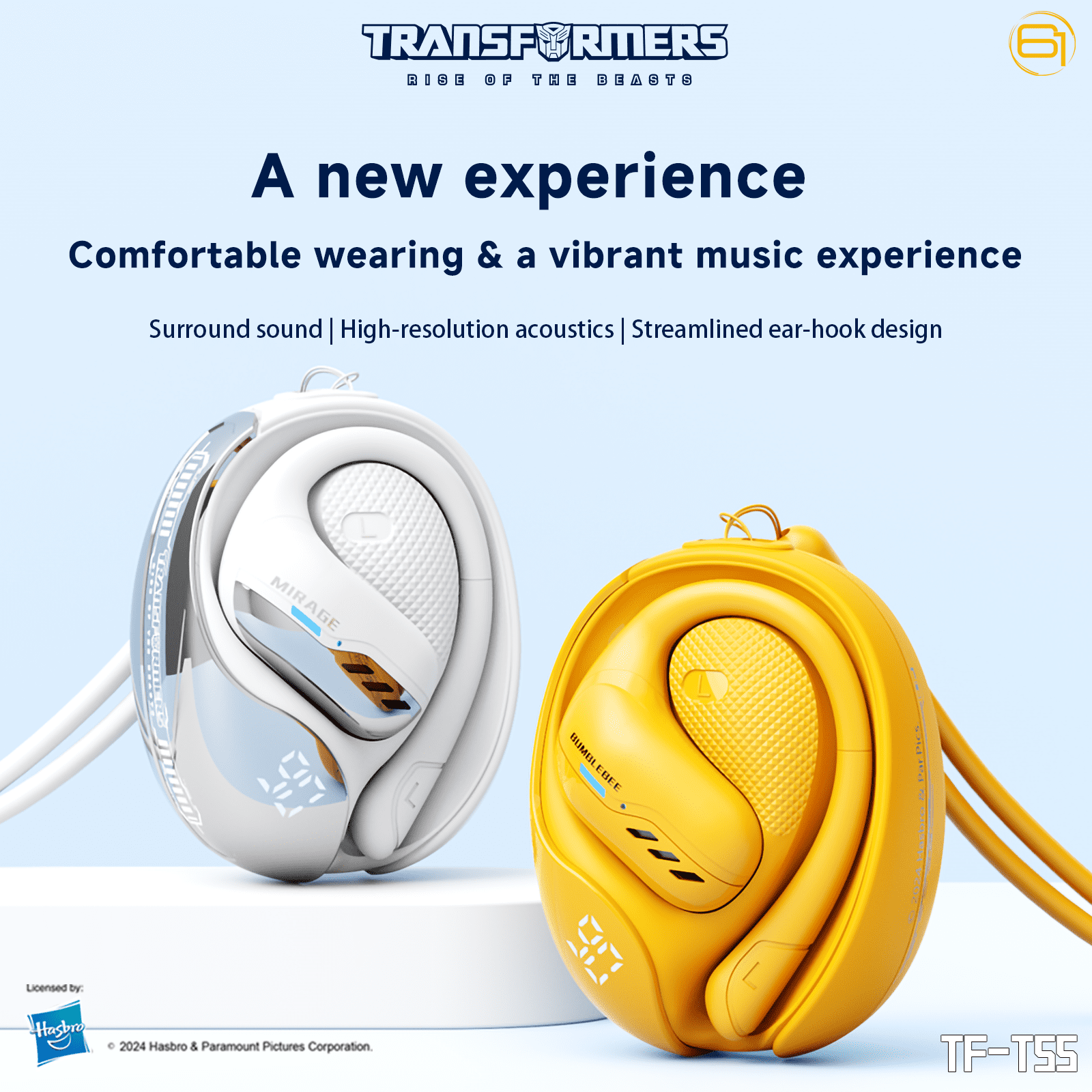 Transformers TF-T55 Open-Back Bluetooth Wireless Earbuds, Sleek Wing-Like Design Passive Noise Cancelling In-Ear Cool HiFi Calling Dual Modes Sports Earphones LED Display – White Mirage