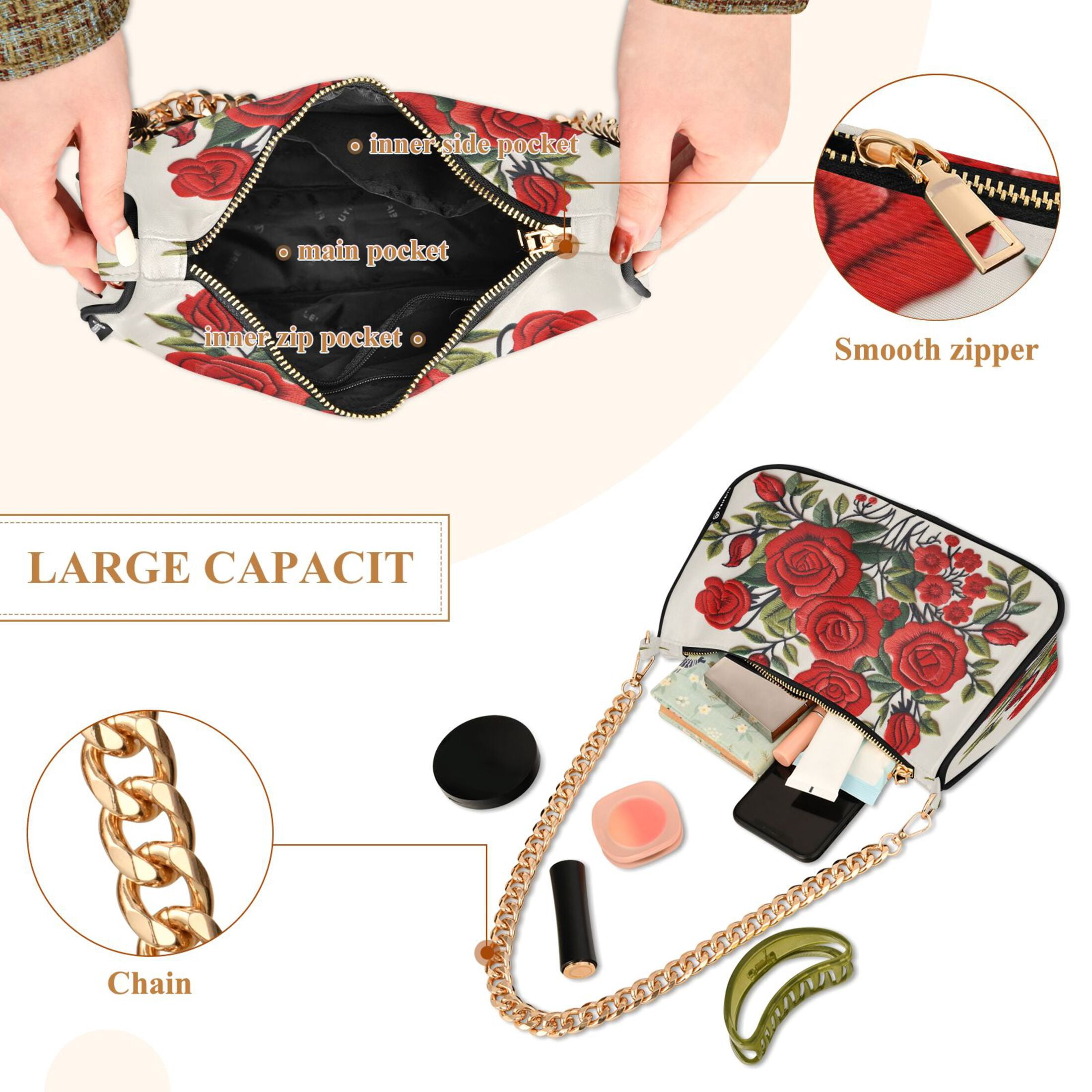 Ryvnso Red Roses Flowers Womens Chain Shoulder Bag Tote Handbags Clutch Hobo Purse with Zipper for Travel