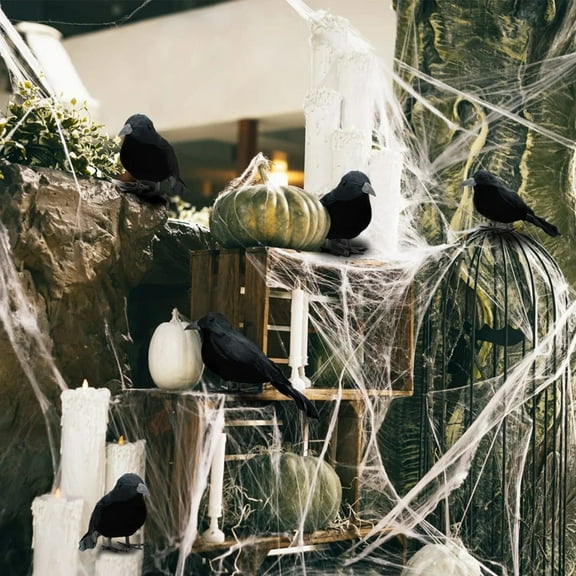 Halloween Figurines，Black Crow Ornament - 6 Pcs Halloween Black Crows Feathered Crows Realistic Looking Ravens Large Handmade Black Crow for Halloween Decoration Party Supplies​